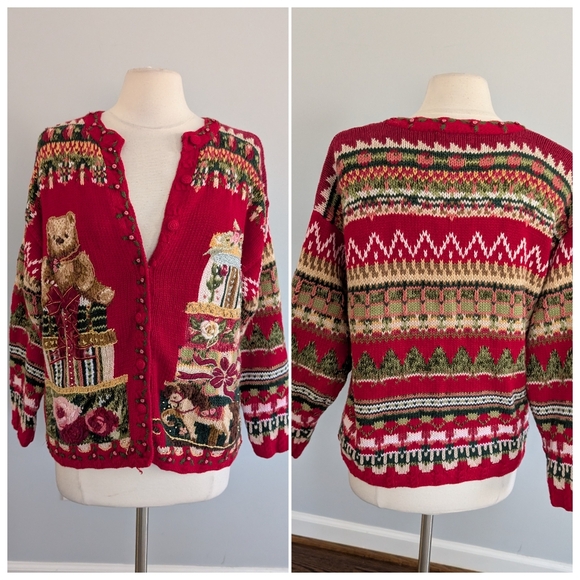 Vintage Sweaters - Women's Vintage Tiara Collection Teddy Bear Red Flower Sweater Cardigan